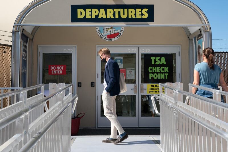 Avelo Airlines passengers outside the departures area at Charles M. Schulz–Sonoma County Airport in Santa Rosa, California. Bloomberg