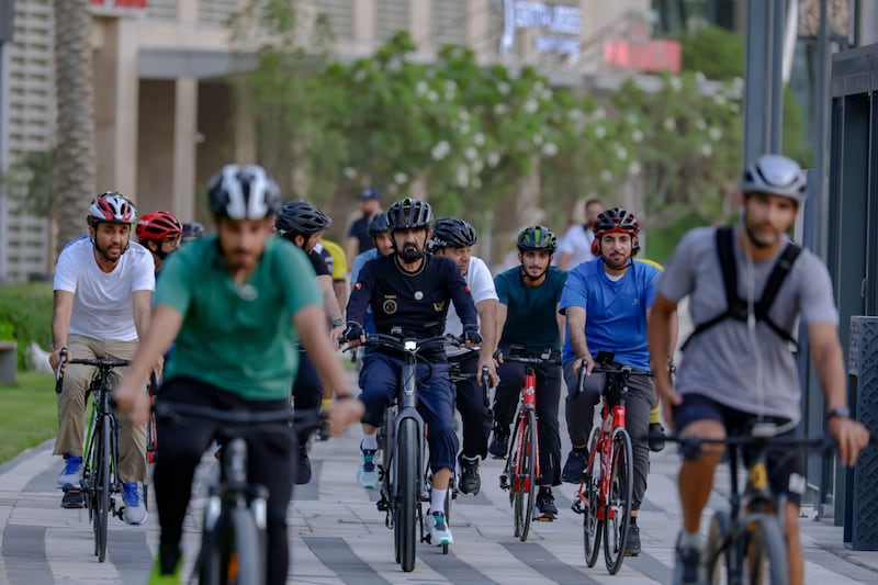 Sheikh Mohammed bin Rashid, Vice President and Ruler of Dubai, goes on a bicycle ride along the picturesque cycling track lining the Dubai Water Canal. All photos: Dubai Media Office