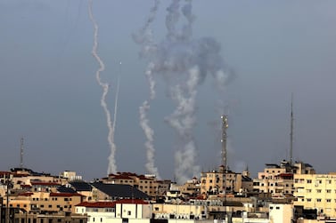 Rockets are fired from Gaza City, controlled by the Palestinian Islamist movement Hamas, towards Israel on May 10, 2021. AFP 