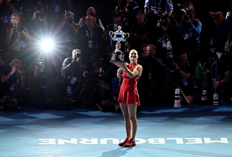 Aryna Sabalenka poses with the trophy. Reuters