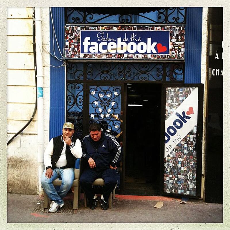 Patrons sit outside the 'Facebook Cafe' in downtown Tunis, Tunisia. Photo by Lindsay Mackenzie, @lindsay_mackenzie, April 2013