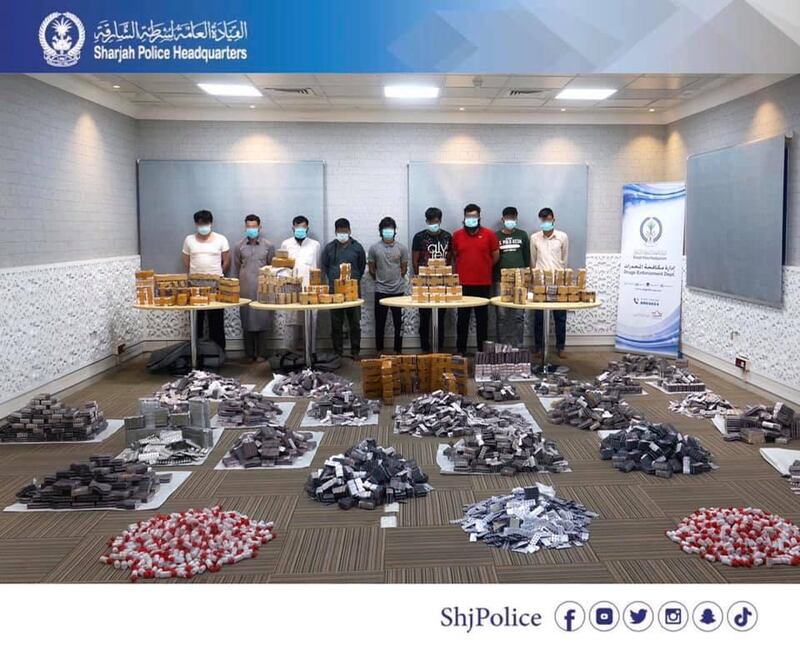 Nine men are arrested after being caught with about one million Xanax pills worth more than Dh15 million. Courtesy: Sharjah Police