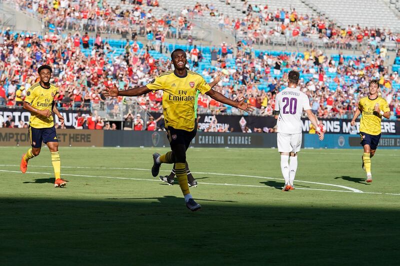 Jul 20, 2019; Charlotte, NC, USA; Arsenal side Eddie Nketiah (30) celebrates his goal against Fiorentina during the International Champions Cup soccer series at Bank of America Stadium. Mandatory Credit: Jim Dedmon-USA TODAY Sports