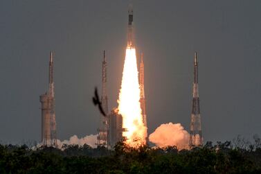 The Indian Space Research Organisation's Chandrayaan-2 lifts off at the Satish Dhawan Space Centre in Sriharikota, Andhra Pradesh. AFP 