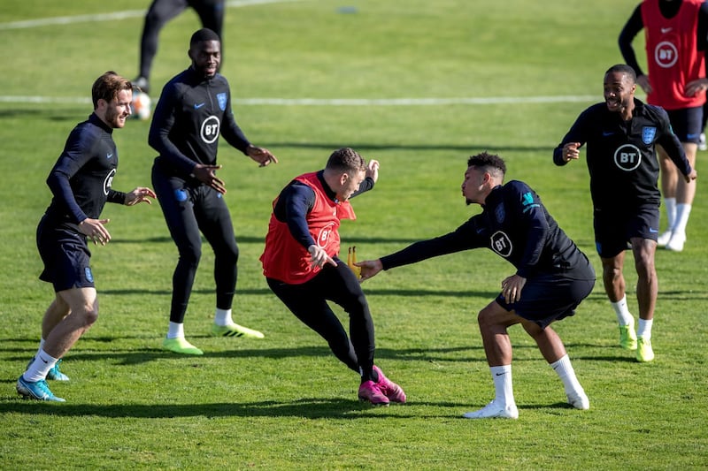 England's players training in Prague ahead of their Euro 2020 Group A qualifying soccer match against Bulgaria in Sofia on Monday. EPA