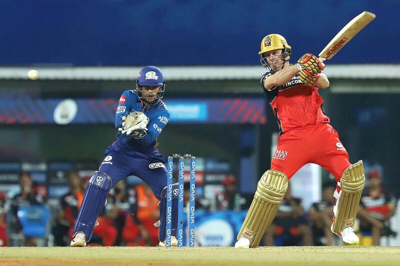 AB de Villiers of Royal Challengers Bangalore plays a shot during match 1 of the Vivo Indian Premier League 2021 between Mumbai Indians and the Royal Challengers Bangalore held at the M. A. Chidambaram Stadium, Chennai on the 9th April 2021. Photo by Faheem Hussain / Sportzpics for IPL