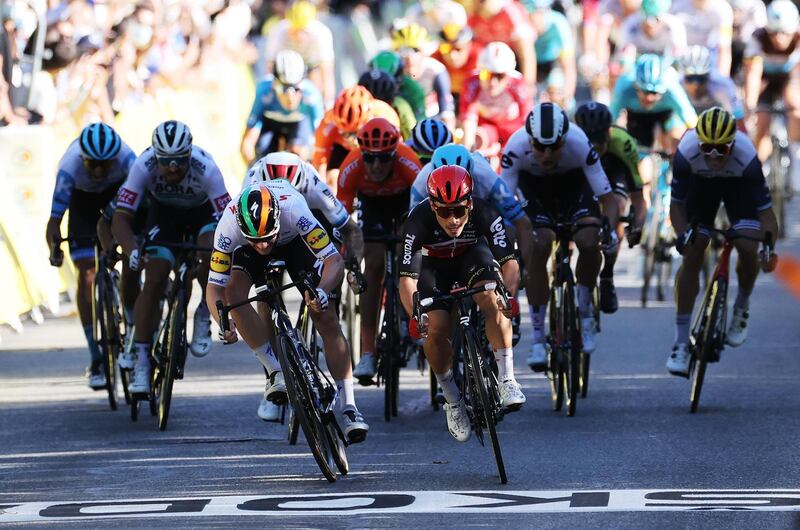 Lotto Soudal rider Caleb Ewan wins stage 3 of the Tour de France, ahead of Deceuninck-Quick Step's Sam Bennett, on Monday August 31. Reuters