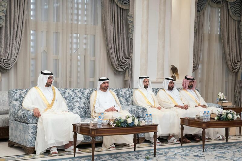 ABU DHABI, UNITED ARAB EMIRATES - August 21, 2018: HH Sheikh Rashid bin Saud bin Rashid Al Mu'alla, Crown Prince of Umm Al Quwain (L), HH Sheikh Abdullah bin Salem Al Qasimi, Deputy Ruler of Sharjah (2nd L), HH Sheikh Mohamed bin Saud bin Saqr Al Qasimi, Crown Prince and Deputy Ruler of Ras Al Khaimah (3rd L), HH Sheikh Mohamed bin Hamad Al Sharqi, Crown Prince of Fujairah (4th L) and HH Sheikh Ammar bin Humaid Al Nuaimi, Crown Prince of Ajman (R), hosts an Eid Al Adha reception at Mushrif Palace.

( Mohamed Al Hammadi / Crown Prince Court - Abu Dhabi )
---