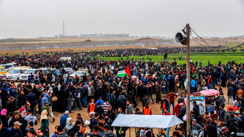 Palestinians gather during a demonstration marking the first anniversary of the "March of Return" protests. AFP