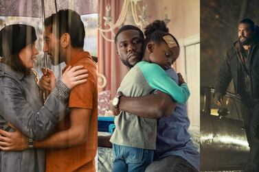 From left: Felicity Jones and Nabhaan Rizwan in 'The Last Letter from Your Lover'; Kevin Hart and Melody Hurd in 'Fatherhood'; and Jason Momoa in 'Sweet Girl'. Netflix