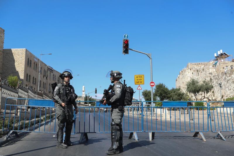 Israeli border police block a main road ahead of a planned march by Jewish ultranationalists through occupied east Jerusalem. AP