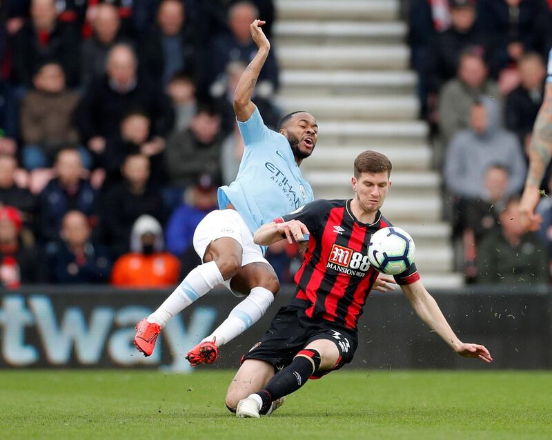 Sterling in action with Bournemouth's Chris Mepham. Action Images via Reuters