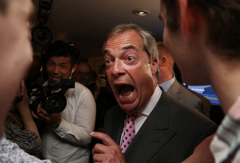 A jubilant Nigel Farage, leader of the United Kingdom Independence Party and a prime mover in the campaign to leave the European Union, celebrates at a referendum party at Millbank Tower in central London on June 24, 2016. Geoff Caddick / AFP