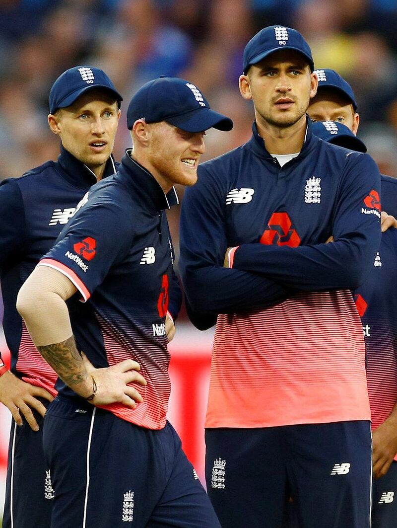 Cricket - England vs West Indies - Third One Day International - Brightside Ground, Bristol, Britain - September 24, 2017     England's Ben Stokes and Alex Hales wait for a review after Adil Rashid runs out West Indies' Chris Gayle     Action Images via Reuters/Peter Cziborra