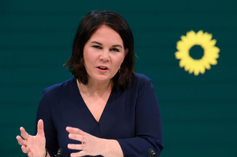 FILE PHOTO: Co-leader of Germany's Green party and designated candidate for chancellor Annalena Baerbock holds a news conference in Berlin, Germany, April 19, 2021. REUTERS/Annegret Hilse/Pool/File Photo