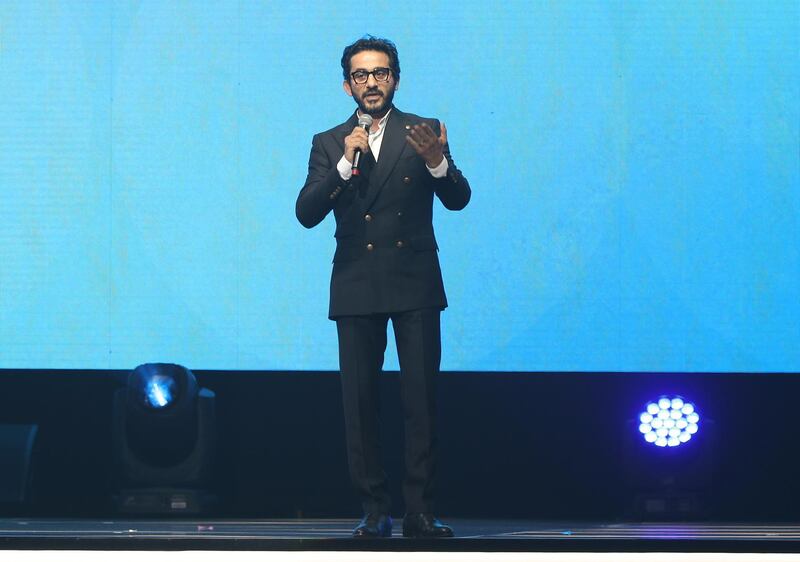 Dubai, United Arab Emirates - Reporter: Patrick Ryan: Ahmed Helmy Egyptian actor speaks at the Arab Hope Makers initiative with Sheikh Mohammed bin Rashid at the Coca Cola Arena. Thursday, February 20th, 2020. Coca Cola Arena, Dubai. Chris Whiteoak / The National