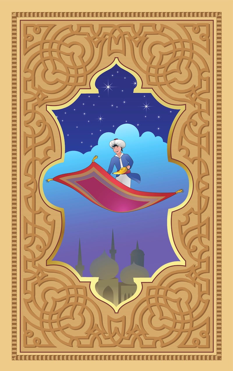 Aladdin with the magic lamp on a flying carpet. Vector illustration after a fairy tale from "One Thousand and One Nights" (Arabian Nights), framed with moorish ornaments. Download contains EPS 8, AI 8, AI CS5, PDF, JPEG (5500 x 8770px).