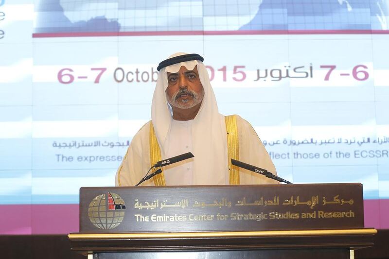 Sheikh Nahyan bin Mubarak, Minister of Culture, Youth and Development speaks at the ECCSR event titled: “The Challenges of Nation-Building in Arab Countries that have Recently Witnessed Change.” Abdul Azeem Shaukat / Al Ittihad 