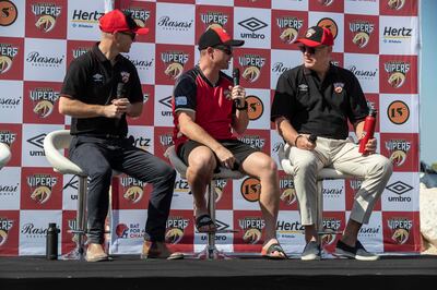 Desert Vipers CEO Phil Oliver, captain Colin Munro, and Director of Cricket Tom Moody at the ILT20 team's jersey launch. Antonie Robertson / The National