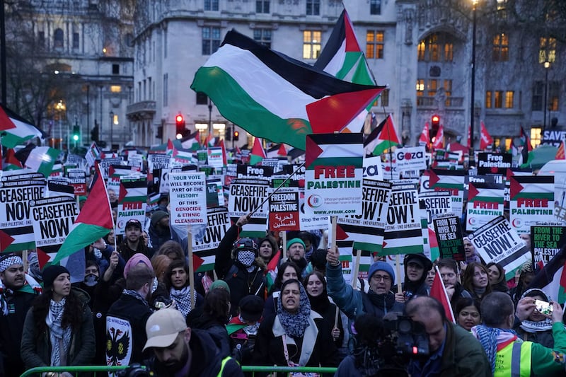 People gather for the Palestine Solidarity Campaign outside the Houses of Parliament. PA