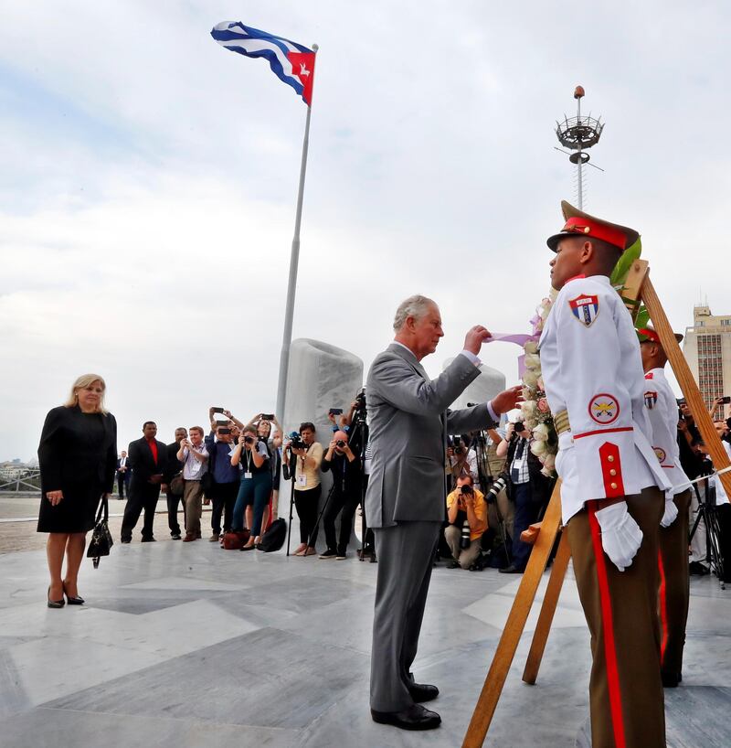 Prince Charles participates in a floral tribute at the monument to national hero Jose Marti, at Revolution Square, in Havana, Cuba. EPA