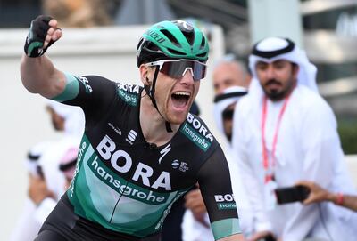 epa07408434 Sam Bennett of Ireland reacts after winning the final stage of the UAE Tour cycling race in Dubai, UAE, March 2, 2019.  EPA/MARTIN DOKOUPIL