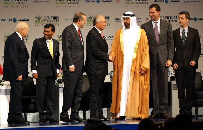 Sheikh Mohamed bin Zayed, Abu Dhabi Crown Prince and Deputy Supreme Commander of the Armed Forces, with, from left, Greek President Karolos Papoulias, Maldives' President Mohammed Nasheed, Mr Erdogan, Malaysian Prime Minister Najib Razak, Spain's Crown Prince Felipe and Denmark's Crown Prince Frederik at the World Future Energy Summit in Abu Dhabi in January 2010. AFP