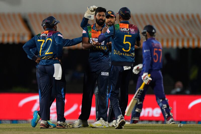 Sri Lanka's Lahiru Kumara, centre, rattled India's batsmen with pace again. AP