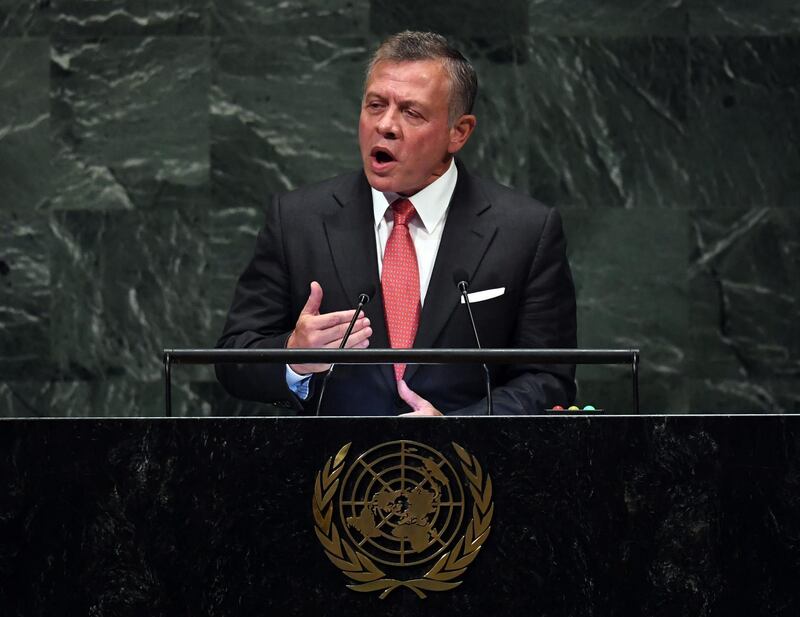 Jordan's King Abdullah II addresses the 73rd session of the General Assembly at the United Nations on September 25, 2018 in New York.  / AFP / TIMOTHY A. CLARY
