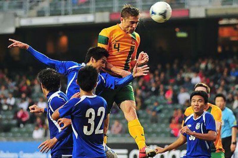 Australia's Dino Djulbic, centre, earned his first international call-up last month for the East Asian Cup qualifiers in Hong Kong. Gareth Gay / Getty Images