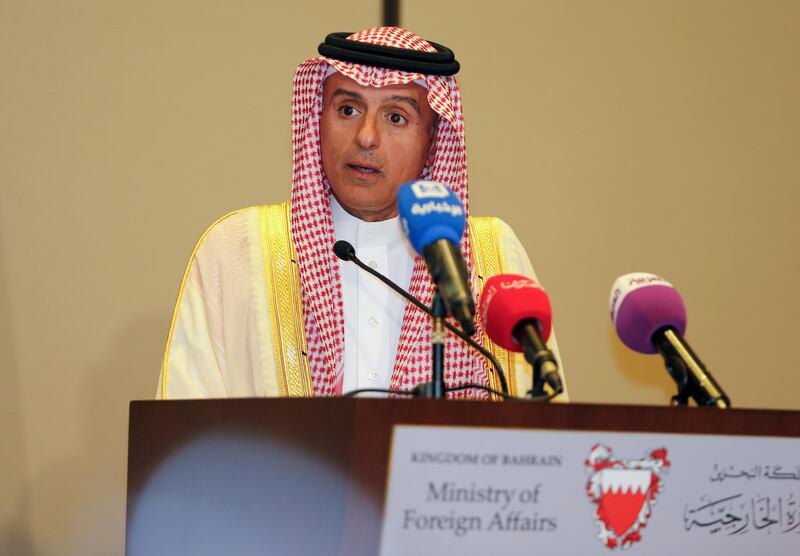 Saudi foreign minister Adel Al Jubeir addreses a press conference in Manama on July 30, 2017 after a meeting of the four countries boycotting Qatar to decide their next steps. Hamad I Mohammed / Reuters