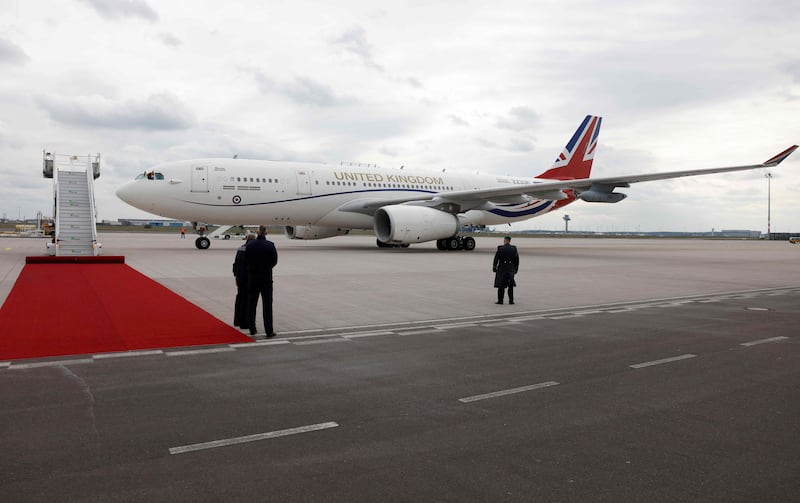 The plane carrying King Charles and his wife arrives at Berlin Brandenburg Airport. AFP