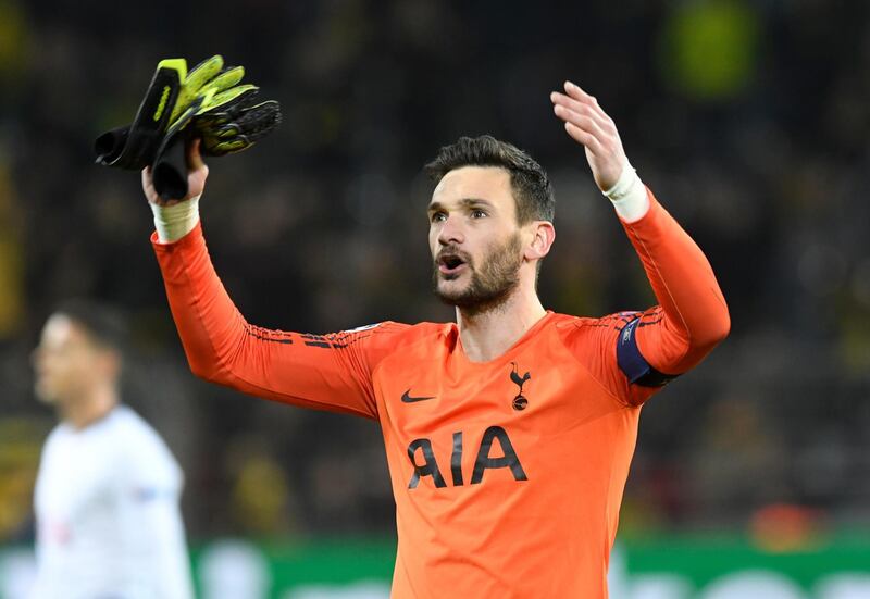 Tottenham keeper Hugo Lloris celebrates after the Champions League round of 16, 2nd leg, soccer match between Borussia Dortmund and Tottenham Hotspur at the BVB stadium in Dortmund, Germany, Tuesday, March 5, 2019.  (Bernd Thissen/dpa via AP)