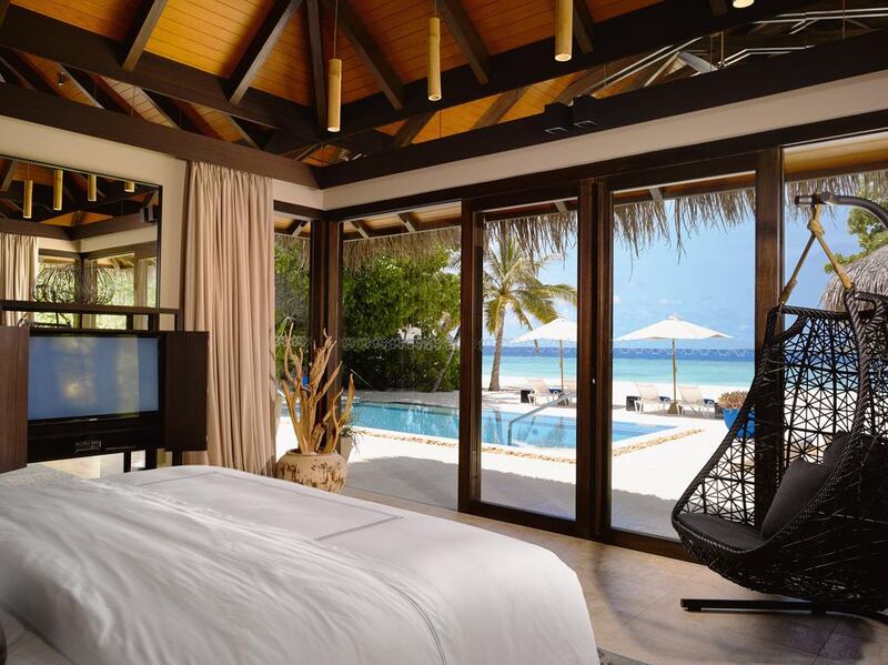 The bedroom of the deluxe beach pool villa at Velaa Private Island in the Maldives. Courtesy: Velaa Private Island