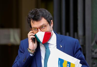 FILE PHOTO: Leader of Italy's far-right party Matteo Salvini wearing a protective face mask, leaves the Senate as the spread of the coronavirus disease (COVID-19) continues, in Rome, Italy May 20, 2020. REUTERS/Remo Casilli/File Photo