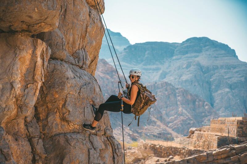The National's Sophie Prideaux abseils as part of the Bear Grylls Explorers Camp in Jebel Jais.