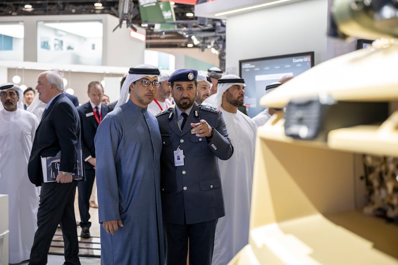 Sheikh Mansour speaks with Maj Gen Faris Al Mazrouei, Commander-in-Chief of Abu Dhabi Police, during the tour