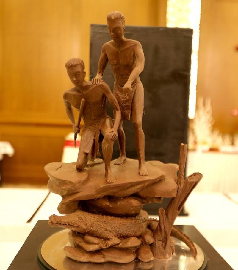 The gold-medal winner was a chocolate carving of two men balancing carefully over a crocodile. Pawan Singh / The National 