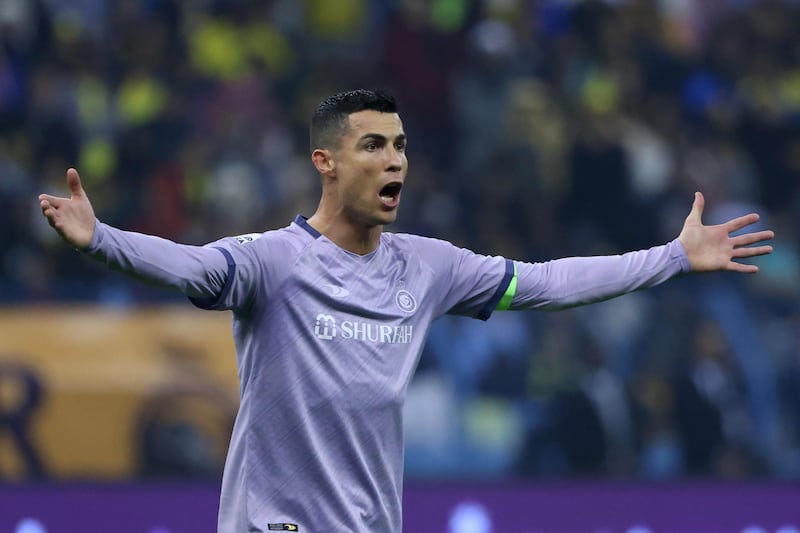 Al Nassr's Portuguese forward Cristiano Ronaldo gestures during the Saudi Super Cup semi-final against Al Ittihad. Reuters