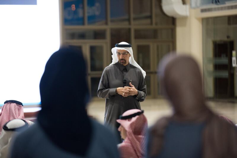 Khalid Al Falih, Saudi Arabia's energy minister, speaks to employees during a visit to the Saudi Aramco Total Refining and Petroleum Co plant in Ras Al Khair, Saudi Arabia. Bloomberg