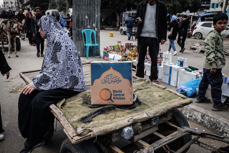 Food rations provided by US charity World Central Kitchen at a makeshift street market in Rafah, the southern Gaza Strip. AFP