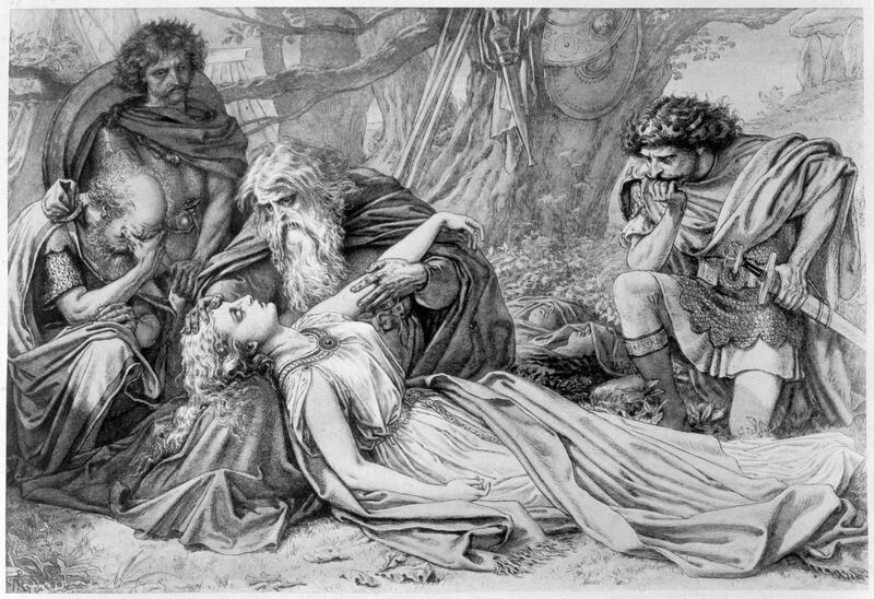 Act 5 Scene 3 from King Lear by William Shakespeare, 19th century. Lear grieving over the death of his daughter Cordelia. The play was first performed in c1605. Artist Unknown. (Photo by Historica Graphica Collection/Heritage Images/Getty Images)