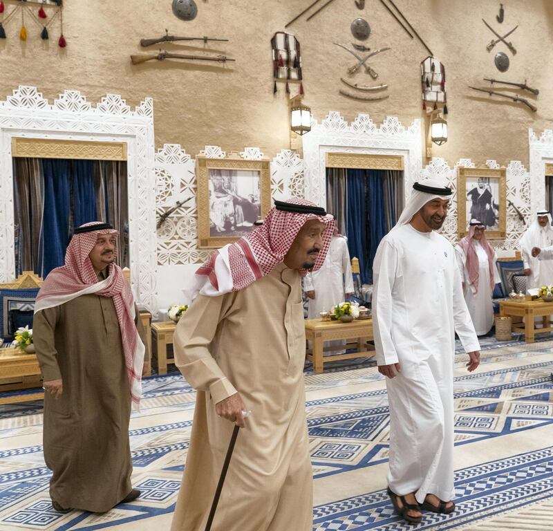 RIYADH, SAUDI ARABIA - November 10, 2018: HH Sheikh Mohamed bin Zayed Al Nahyan, Crown Prince of Abu Dhabi and Deputy Supreme Commander of the UAE Armed Forces () meets with HM King Salman Bin Abdulaziz Al Saud, of Saudi Arabia and Custodian of the Two Holy Mosques at Al Auja Palace in Riyadh.

( Rashed Al Mansoori / Ministry of Presidential Affairs )
---