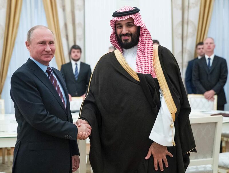 Russian president Vladimir Putin shakes hands with Saudi Deputy Crown Prince Mohammed bin Salman during a meeting at the Kremlin in Moscow on May 30, 2017. Pavel Golovkin / AFP / Pool

