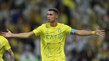 RIYADH, SAUDI ARABIA - AUGUST 12: Cristiano Ronaldo of Al Nassr celebrates after scoring the team's second goal during the Arab Club Champions Cup Final between Al Hilal and Al Nassr at King Fahd International Stadium on August 12, 2023 in Riyadh, Saudi Arabia. (Photo by Yasser Bakhsh / Getty Images)