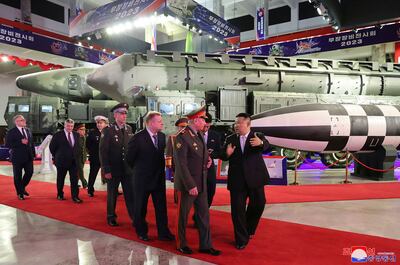 North Korean leader Kim Jong-un visits an arms exhibition in Pyongyang with Russian Defence Minister Sergei Shoigu. AFP