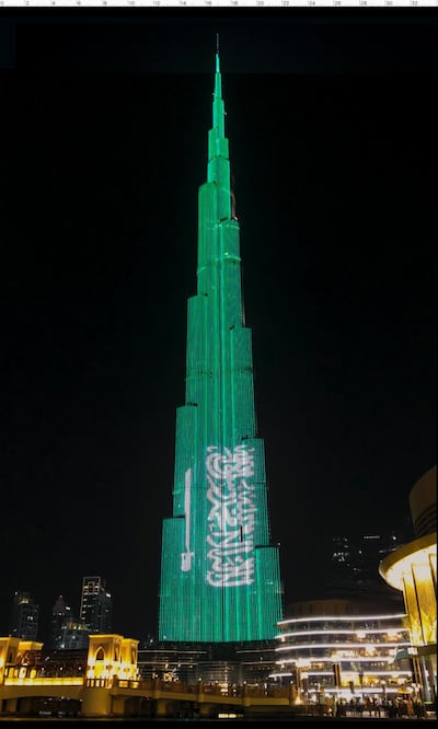 The Burj Khalifa and Dubai Fountain will put on a coordinated show to celebrate Saudi National Day