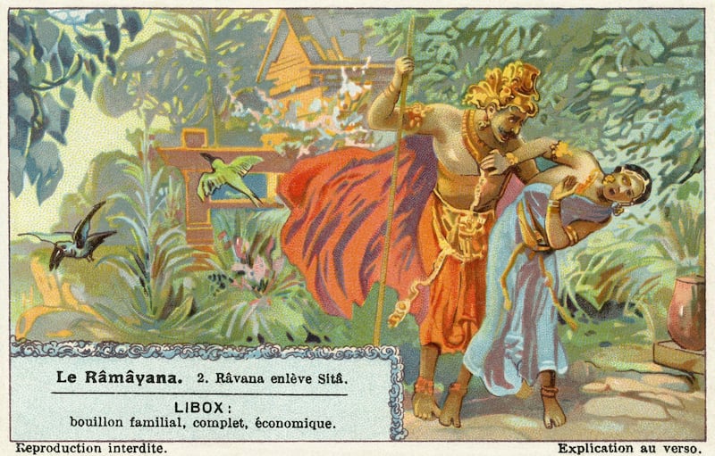 Ramayana, Sanskrit epic poem ascribed to Valmiki. Ravana kidnaps Sita. Liebig collectors' card 1931 (Photo by Culture Club/Getty Images)