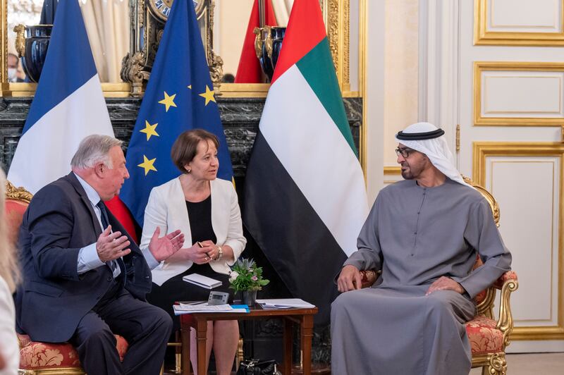 Sheikh Mohamed with Mr Larcher at the Luxembourg Palace. Photo: Presidential Court