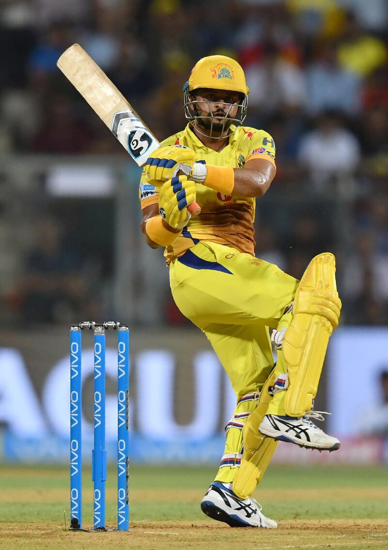 Chennai Super Kings cricketer Suresh Raina plays a shot during the 2018 Indian Premier League (IPL) Twenty20 final cricket match between Chennai Super Kings and Sunrisers Hyderabad at the Wankhede stadium in Mumbai on May 27, 2018. (Photo by PUNIT PARANJPE / AFP) / ----IMAGE RESTRICTED TO EDITORIAL USE - STRICTLY NO COMMERCIAL USE----- / GETTYOUT
